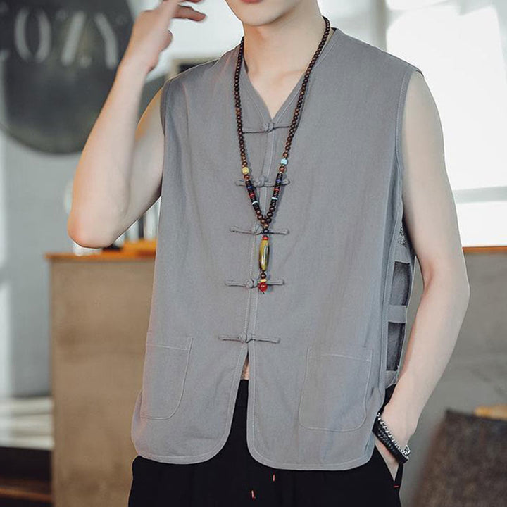 Buddha Stones Casual Chiński Żabka-Guzik Męska Bawełniana Kamizelka Kamizelka Z Kieszeniami