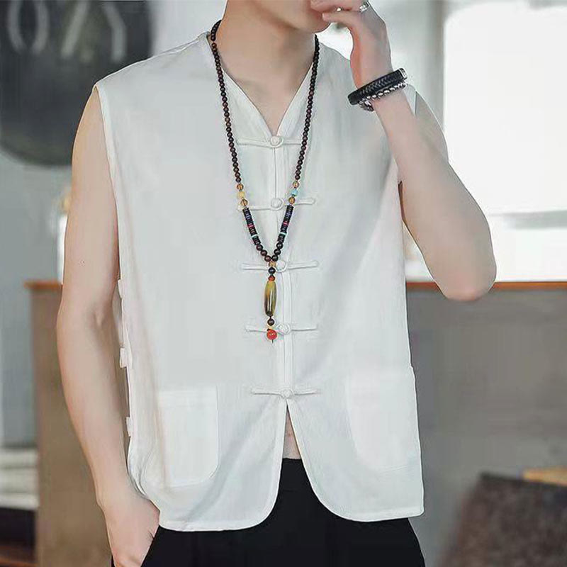 Buddha Stones Casual Chiński Żabka-Guzik Męska Bawełniana Kamizelka Kamizelka Z Kieszeniami