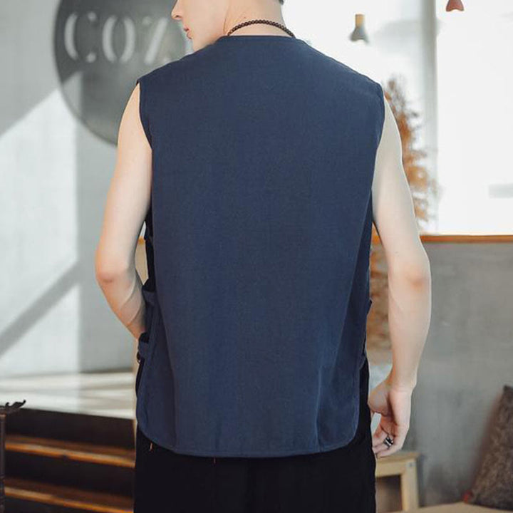 Buddha Stones Casual Chiński Żabka-Guzik Męska Bawełniana Kamizelka Kamizelka Z Kieszeniami