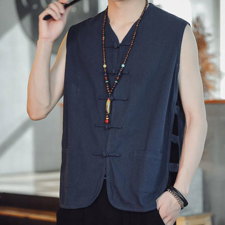 Buddha Stones Casual Chiński Żabka-Guzik Męska Bawełniana Kamizelka Kamizelka Z Kieszeniami