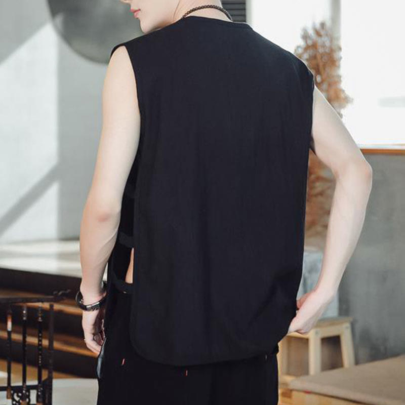 Buddha Stones Casual Chiński Żabka-Guzik Męska Bawełniana Kamizelka Kamizelka Z Kieszeniami