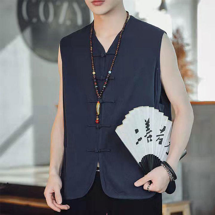 Buddha Stones Casual Chiński Żabka-Guzik Męska Bawełniana Kamizelka Kamizelka Z Kieszeniami