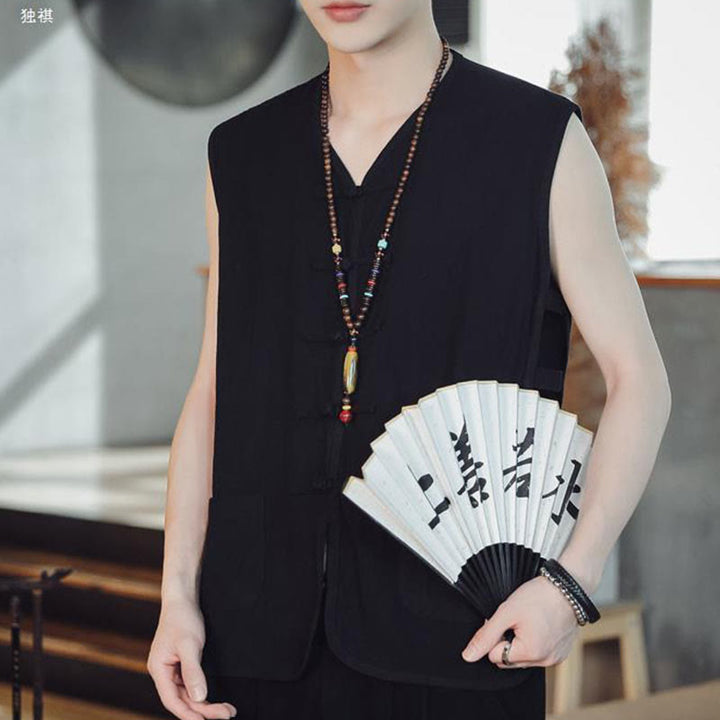 Buddha Stones Casual Chiński Żabka-Guzik Męska Bawełniana Kamizelka Kamizelka Z Kieszeniami