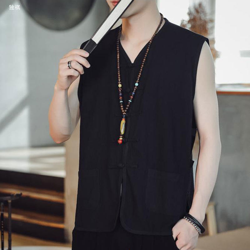 Buddha Stones Casual Chiński Żabka-Guzik Męska Bawełniana Kamizelka Kamizelka Z Kieszeniami