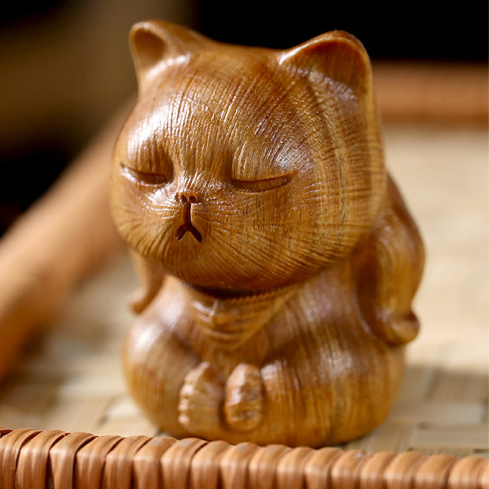Buddha Stones Małe Mini Zielone Drzewo Sandałowe Szczęśliwy Kot Rzeźbione Uspokajające Dekoracje - image 3