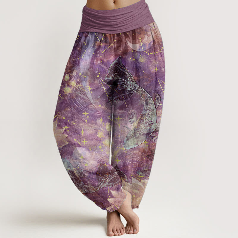 Buddha Stones Czysta bawełna Koi Ryba Lotos Księżyc Gwiazdy Wzór Damskie Spodnie Harem Elastyczny Pas - Śliwka - US22, UK/AU26, EU54 (6XL) - image 5