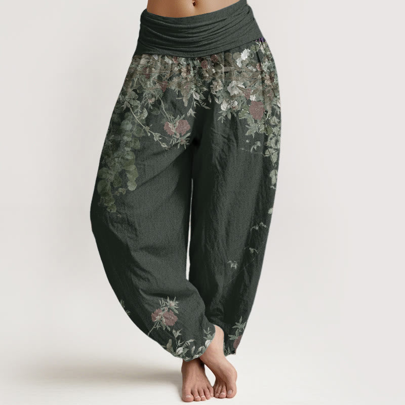 Buddha Stones Czysta bawełna Casual Red Peony Flower Vine Design Damskie spodnie haremowe z elastyczną talią - CadetBlue - US22, UK/AU26, EU54 (6XL) - image 6
