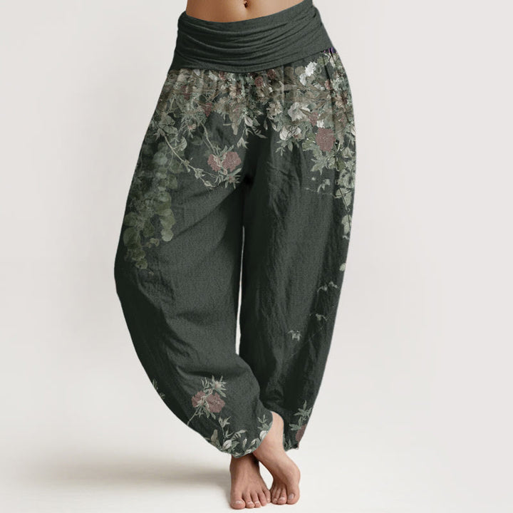 Buddha Stones Czysta bawełna Casual Red Peony Flower Vine Design Damskie spodnie haremowe z elastyczną talią - CadetBlue - US22, UK/AU26, EU54 (6XL) - image 6