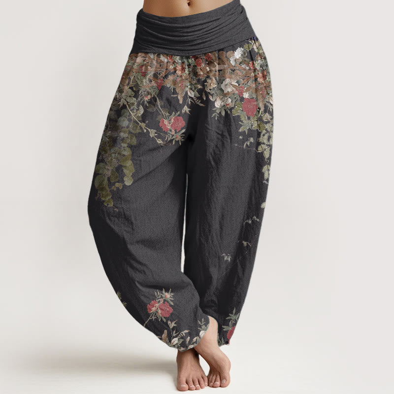 Buddha Stones Czysta bawełna Casual Red Peony Flower Vine Design Damskie spodnie haremowe z elastyczną talią - Czarny - US22, UK/AU26, EU54 (6XL) - image 0