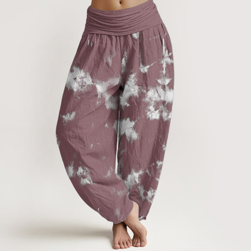 Buddha Stones Czysta bawełna Białe linie Plamy Wzór Tie-Dye Damskie spodnie haremowe z elastyczną talią - Bladofioletowoczerwony - US22, UK/AU26, EU54 (6XL) - image 9