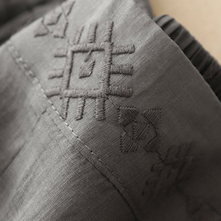 Buddha Stones Geometryczne Haftowane Elastyczna Talia Damskie Spodnie Bawełniane Lniane Szerokie Nogawki Z Kieszeniami - image 8