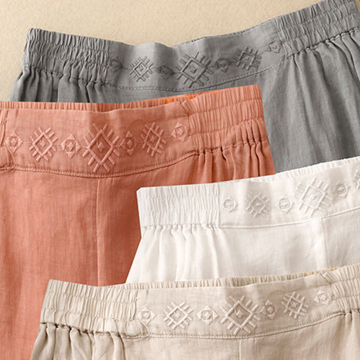 Buddha Stones Geometryczne Haftowane Elastyczna Talia Damskie Spodnie Bawełniane Lniane Szerokie Nogawki Z Kieszeniami - image 26