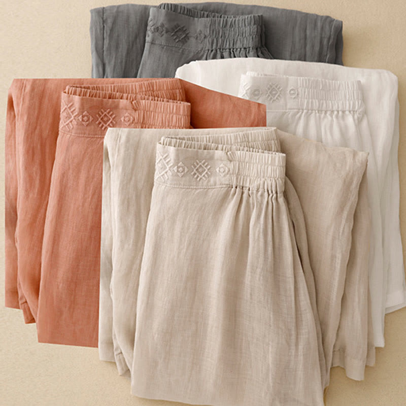 Buddha Stones Geometryczne Haftowane Elastyczna Talia Damskie Spodnie Bawełniane Lniane Szerokie Nogawki Z Kieszeniami - image 1