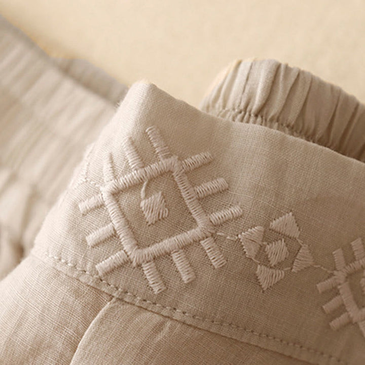 Buddha Stones Geometryczne Haftowane Elastyczna Talia Damskie Spodnie Bawełniane Lniane Szerokie Nogawki Z Kieszeniami - image 15