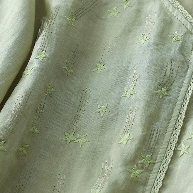 Koszula damska z haftem „Buddha Stones” z dekoltem w serek i krótkim rękawem, wykonana z bawełny i lnu - image 13