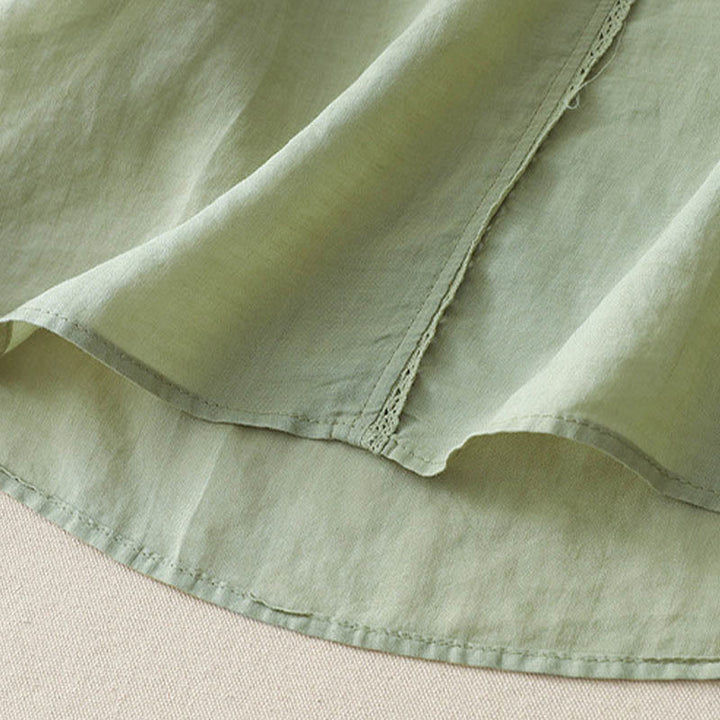 Koszula damska z haftem „Buddha Stones” z dekoltem w serek i krótkim rękawem, wykonana z bawełny i lnu - image 11