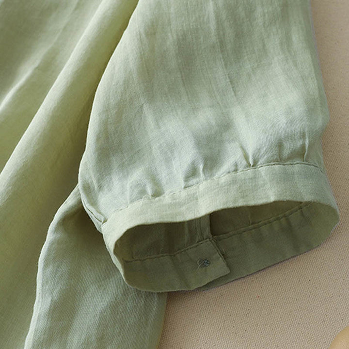 Koszula damska z haftem „Buddha Stones” z dekoltem w serek i krótkim rękawem, wykonana z bawełny i lnu