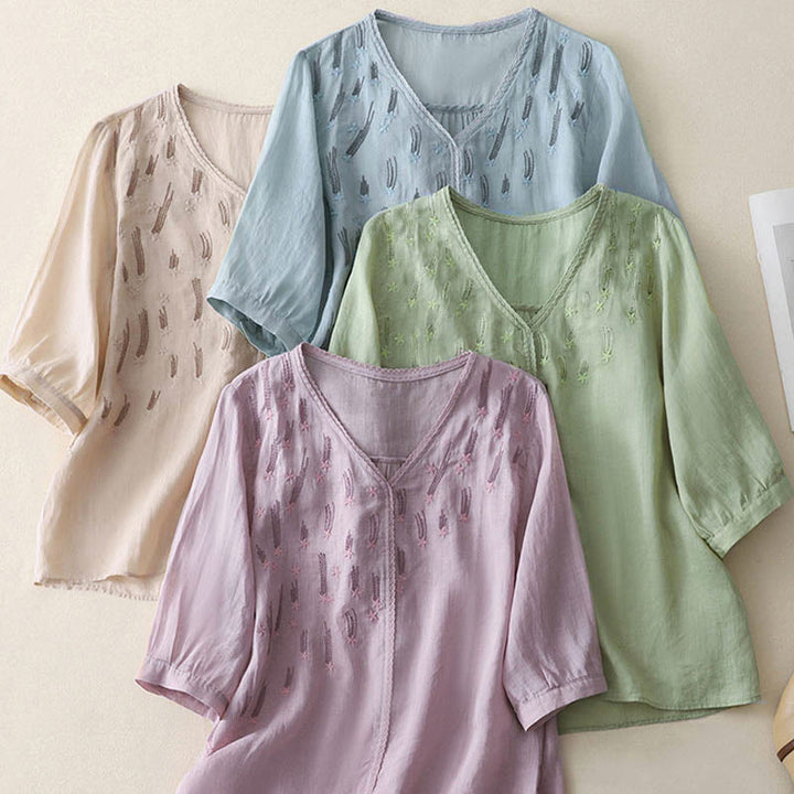 Koszula damska z haftem „Buddha Stones” z dekoltem w serek i krótkim rękawem, wykonana z bawełny i lnu - image 24