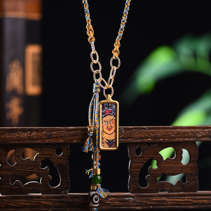 Buddha Stones Tybet Bóg Bogactwa Tytanowa Stalowa Thangka Naszyjnik Bogactwo Wisiorek
