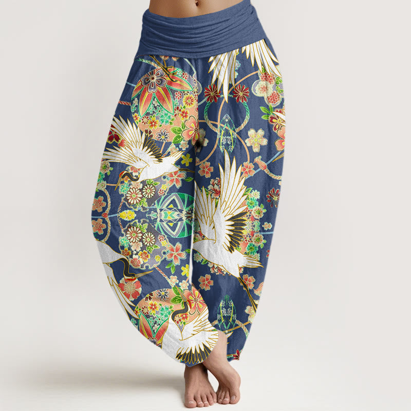 Buddha Stones Casual Żuraw Kwiatowy Geometryczny Wzór Elastyczny Pas Damskie Spodnie Harem - RoyalBlue - US22, UK/AU26, EU54 (6XL) - image 1