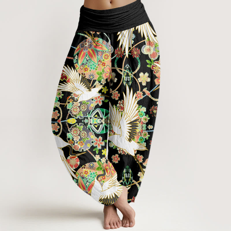 Spodnie haremki damskie z elastycznej talii z motywem geometrycznym i kwiatowym wzorem w kwiaty Buddha Stones - Czarny - US22, UK/AU26, EU54 (6XL) - image 7