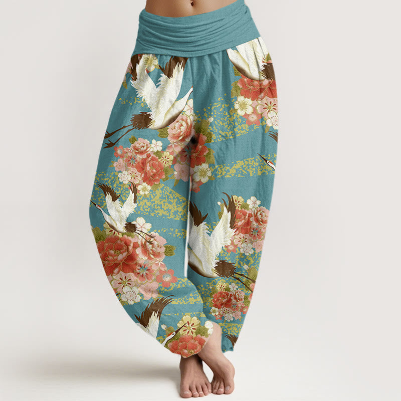 Buddha Stones Casual Żuraw Peonia Wzór Kwiatu Wiśni Elastyczna Talia Damskie Spodnie Harem - Średnioturkusowy - US22, UK/AU26, EU54 (6XL) - image 1