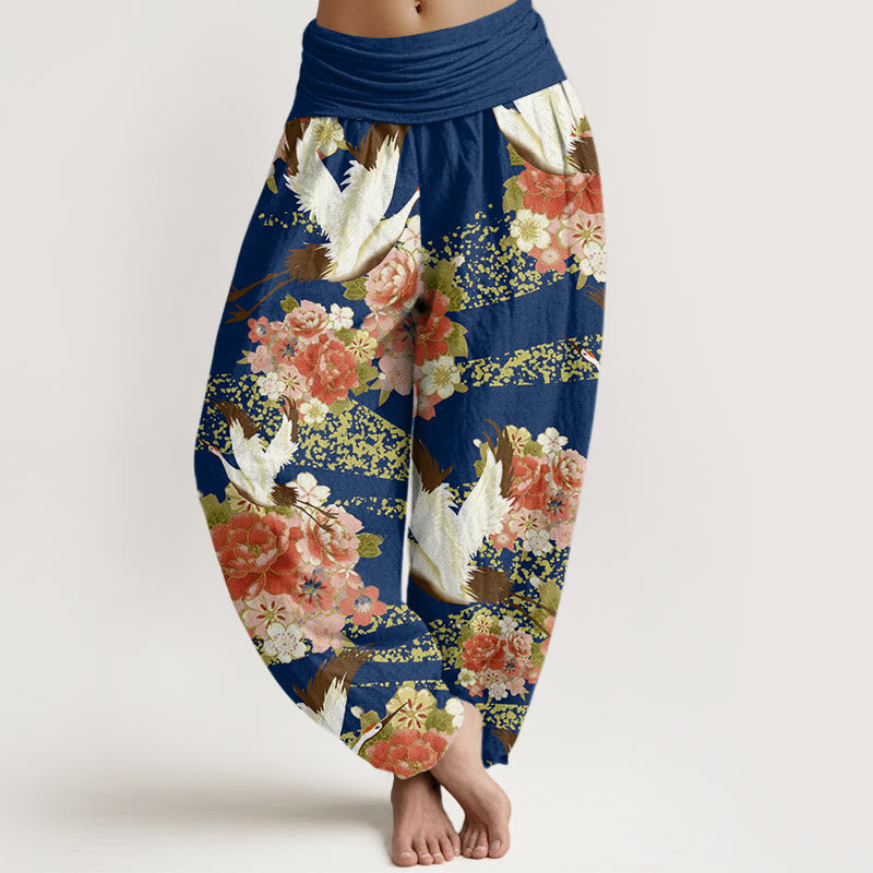 Buddha Stones Casual Żuraw Peonia Wzór Kwiatu Wiśni Elastyczna Talia Damskie Spodnie Harem - Ciemnoniebieski - US22, UK/AU26, EU54 (6XL) - image 5