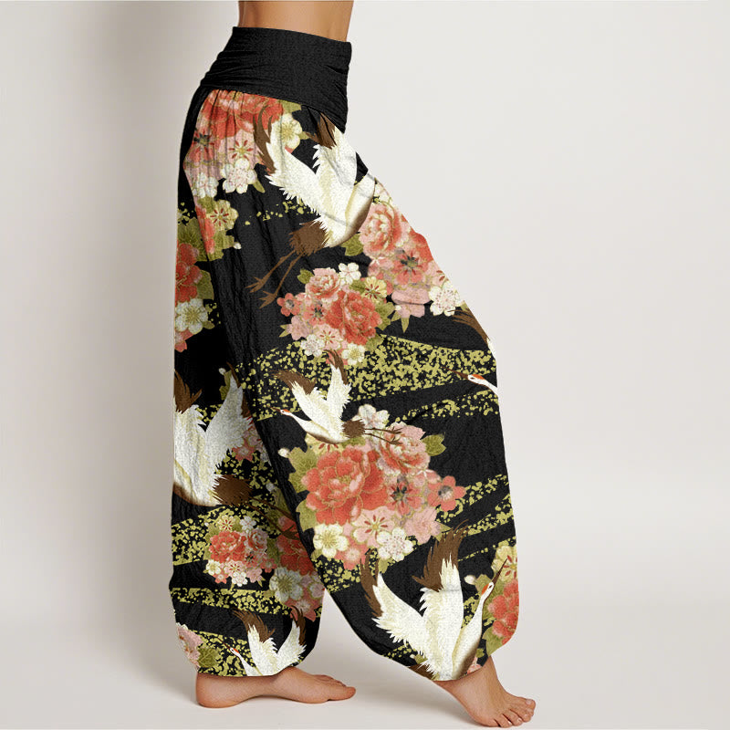 Buddha Stones Casual Żuraw Peonia Wzór Kwiatu Wiśni Elastyczna Talia Damskie Spodnie Harem - image 10