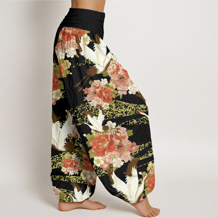 Buddha Stones Casual Żuraw Peonia Wzór Kwiatu Wiśni Elastyczna Talia Damskie Spodnie Harem - image 10