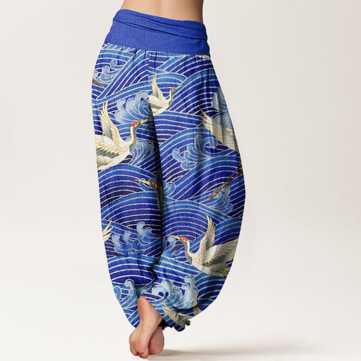 Buddha Stones Casual Żuraw Ocean Waves Wzór Elastyczna Talia Damskie Spodnie Harem - image 2