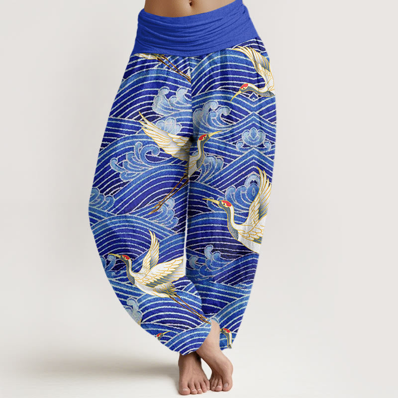 Buddha Stones Casual Żuraw Ocean Waves Wzór Elastyczna Talia Damskie Spodnie Harem - SlateBlue - US22, UK/AU26, EU54 (6XL) - image 1