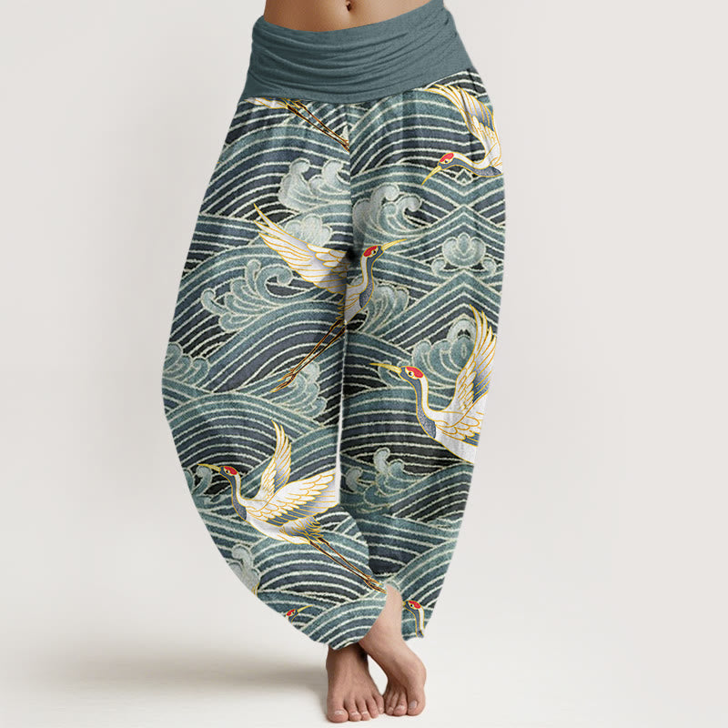 Buddha Stones Casual Żuraw Ocean Waves Wzór Elastyczna Talia Damskie Spodnie Harem - CadetBlue - US22, UK/AU26, EU54 (6XL) - image 5