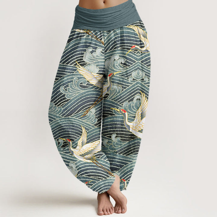 Buddha Stones Casual Żuraw Ocean Waves Wzór Elastyczna Talia Damskie Spodnie Harem - CadetBlue - US22, UK/AU26, EU54 (6XL) - image 5