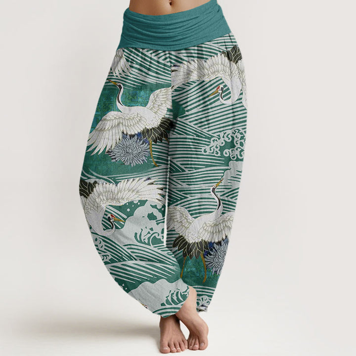 Buddha Stones Casual Crane Ocean Waves Chrysanthemum Pattern Damskie spodnie haremowe z elastyczną talią - LightSeaGreen - US22, UK/AU26, EU54 (6XL) - image 5