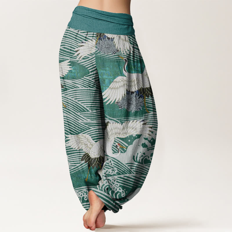 Buddha Stones Casual Crane Ocean Waves Chrysanthemum Pattern Damskie spodnie haremowe z elastyczną talią - image 6