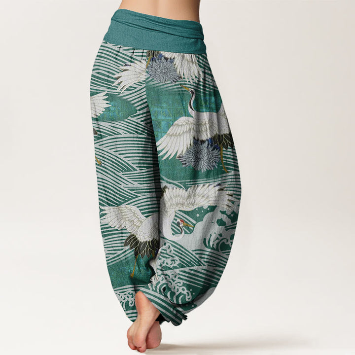 Buddha Stones Casual Crane Ocean Waves Chrysanthemum Pattern Damskie spodnie haremowe z elastyczną talią - image 6