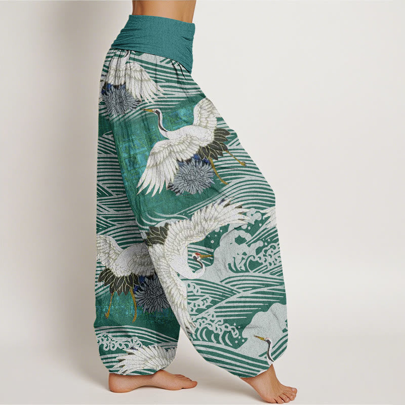 Buddha Stones Casual Crane Ocean Waves Chrysanthemum Pattern Damskie spodnie haremowe z elastyczną talią - image 7