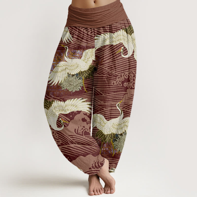 Buddha Stones Casual Crane Ocean Waves Chrysanthemum Pattern Damskie spodnie haremowe z elastyczną talią - Sjena - US22, UK/AU26, EU54 (6XL) - image 8