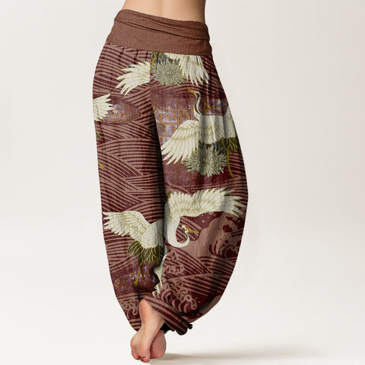 Buddha Stones Casual Crane Ocean Waves Chrysanthemum Pattern Damskie spodnie haremowe z elastyczną talią - image 9
