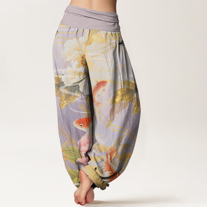 Buddha Stones Casual Peony Koi Fish Złote Liście Wzór Damskie Elastyczne Spodnie Harem - image 2