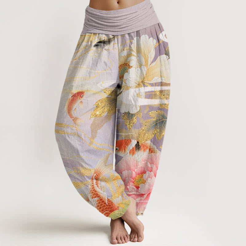Buddha Stones Casual Peony Koi Fish Złote Liście Wzór Damskie Elastyczne Spodnie Harem - Oset - US22, UK/AU26, EU54 (6XL) - image 1