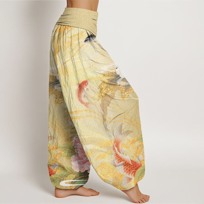 Buddha Stones Casual Peony Koi Fish Złote Liście Wzór Damskie Elastyczne Spodnie Harem - image 7