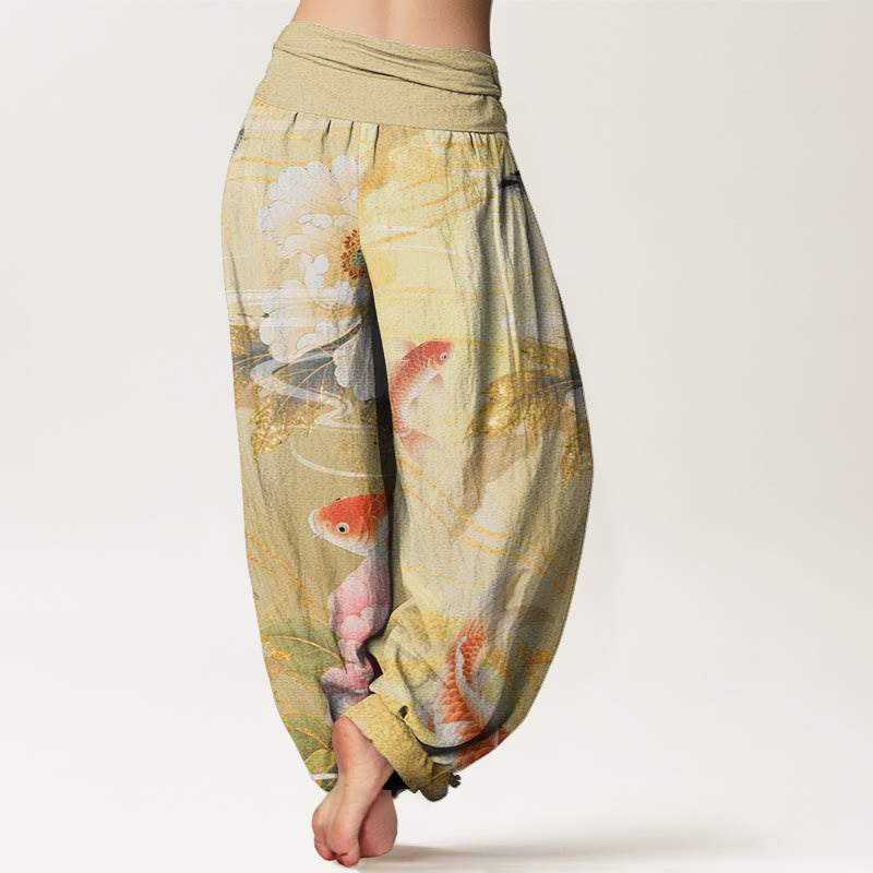 Buddha Stones Casual Peony Koi Fish Złote Liście Wzór Damskie Elastyczne Spodnie Harem - image 6