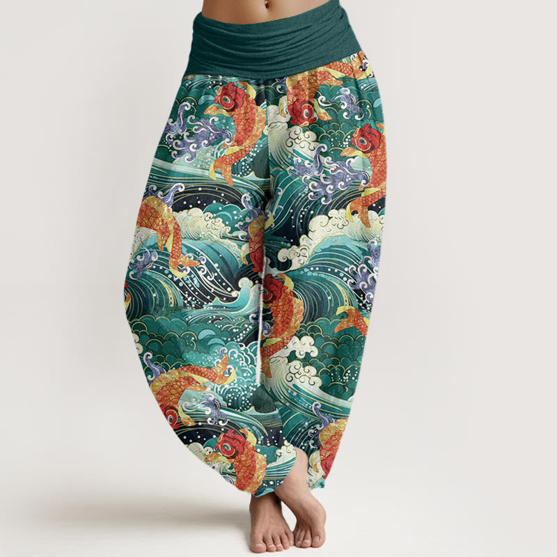 Buddha Stones Casual Koi Fish Ocean Waves Wzór Damskie Spodnie Harem Elastyczna Talia - Cyraneczka - US22, UK/AU26, EU54 (6XL) - image 1