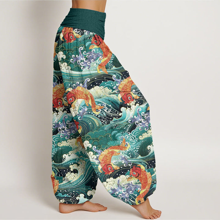 Buddha Stones Casual Koi Fish Ocean Waves Wzór Damskie Spodnie Harem Elastyczna Talia - image 3