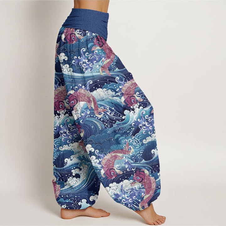 Buddha Stones Casual Koi Fish Ocean Waves Wzór Damskie Spodnie Harem Elastyczna Talia - image 7