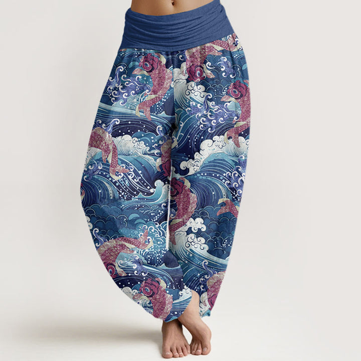 Buddha Stones Casual Koi Fish Ocean Waves Wzór Damskie Spodnie Harem Elastyczna Talia - Ciemnoniebieski - US22, UK/AU26, EU54 (6XL) - image 5