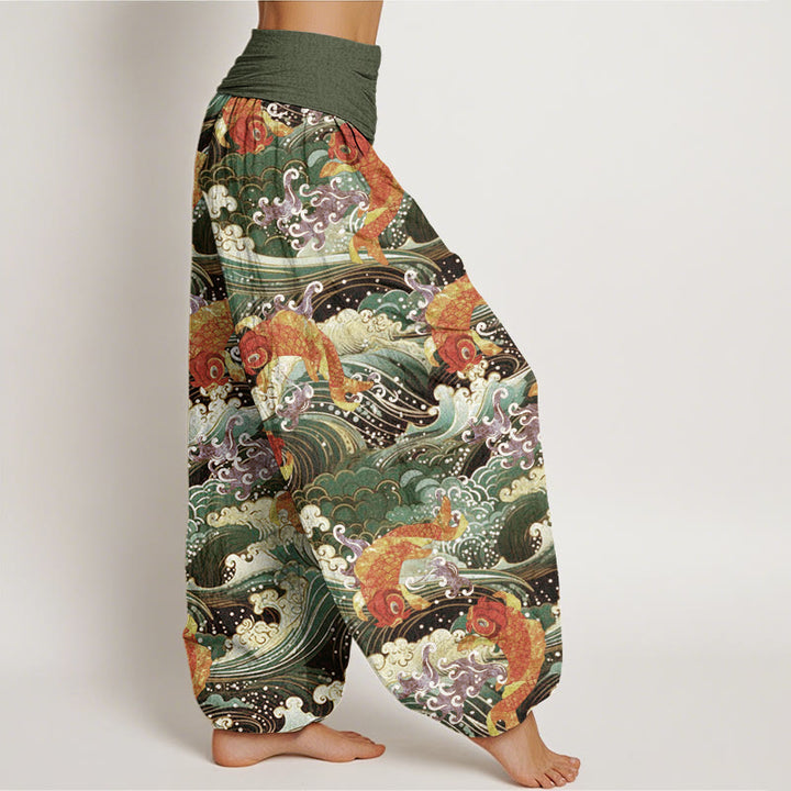 Buddha Stones Casual Koi Fish Ocean Waves Wzór Damskie Spodnie Harem Elastyczna Talia - image 10