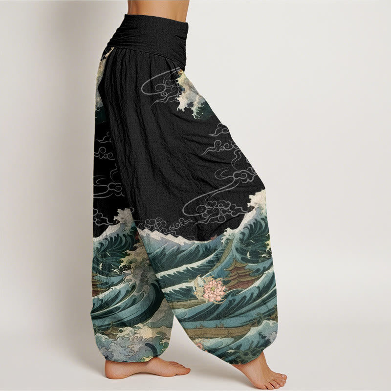 Buddha Stones Casual Blooming Lotuse Wave Pavilion Pattern Damskie spodnie haremowe z elastyczną talią - image 3