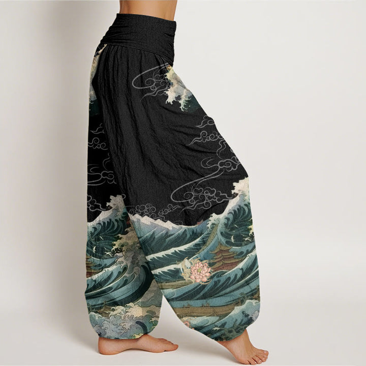 Buddha Stones Casual Blooming Lotuse Wave Pavilion Pattern Damskie spodnie haremowe z elastyczną talią - image 3